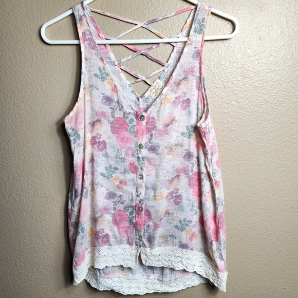 Eyelash Couture Semi-Sheer Watercolor Floral Sleeveless Buttonfront Top-Size M - Picture 1 of 6